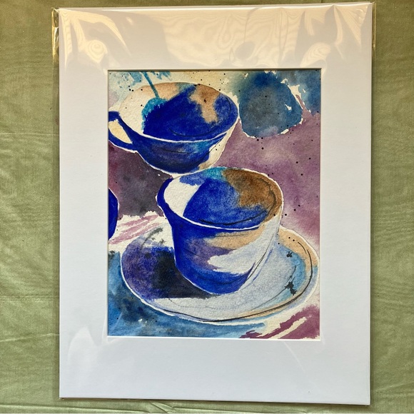Watercolor Kitchen Dining Wall Art, Teacup Painting Framed in Acid Free Art Kit - Picture 2 of 5